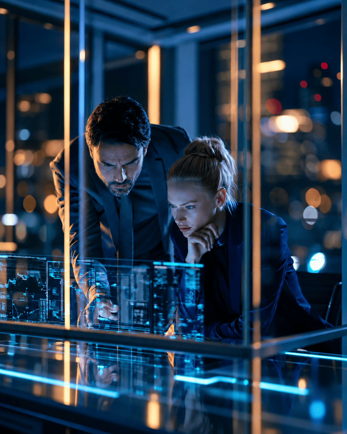 nighttime financial risk committee workspace, two professionals reviewing a visible financial risk display, glass boardroom, calm high-trust atmosphere