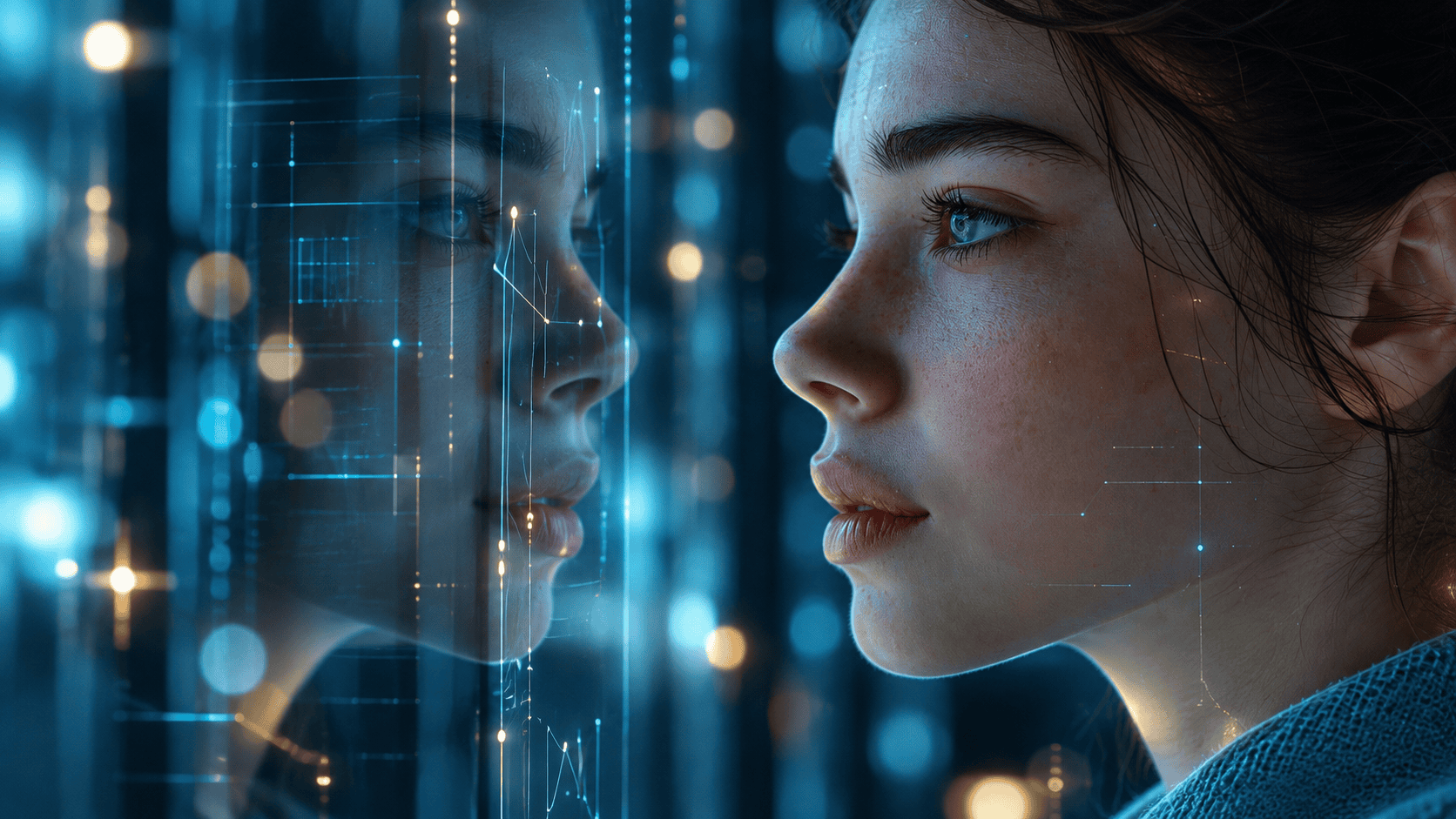 Young woman facing her reflection through data-lit glass, illustrating AI as a mirror of human values and behavior.