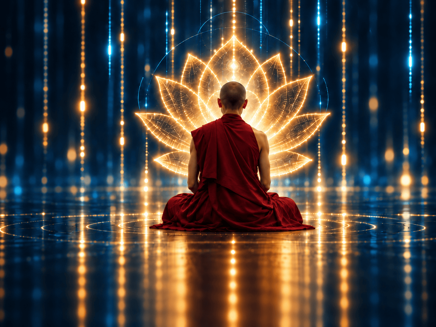 Young Tibetan Buddhist monk in maroon robes meditating before a luminous digital lotus, illustrating altruism and artificial intelligence.