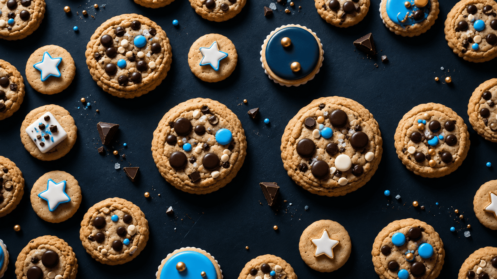 Assorted cookies on a deep navy surface with cyan and gold accents, representing website cookies and preference technologies.