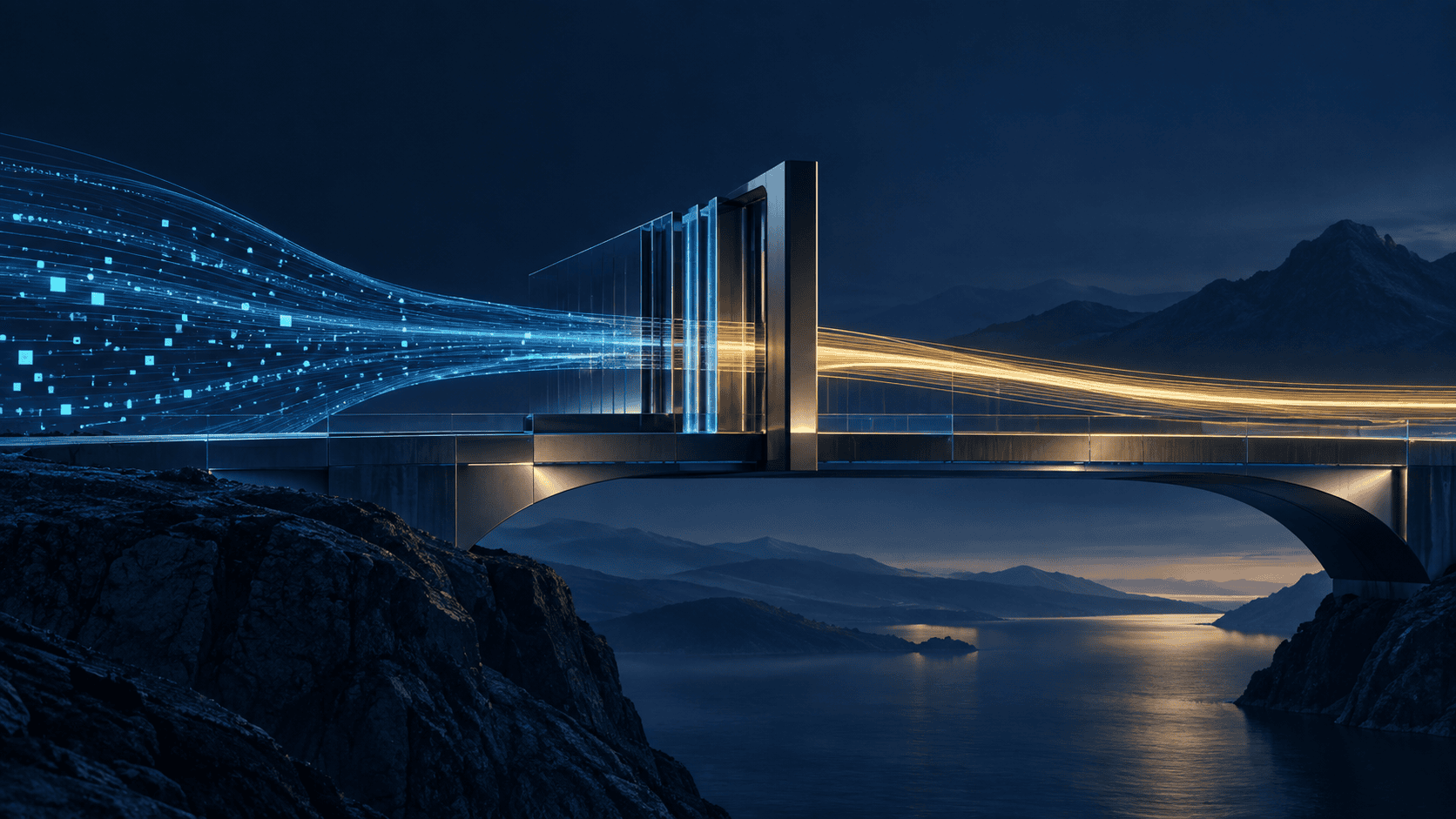 Cyan data flows passing through a governed architectural threshold and emerging as a validated gold output, representing trust infrastructure for consequential AI systems.