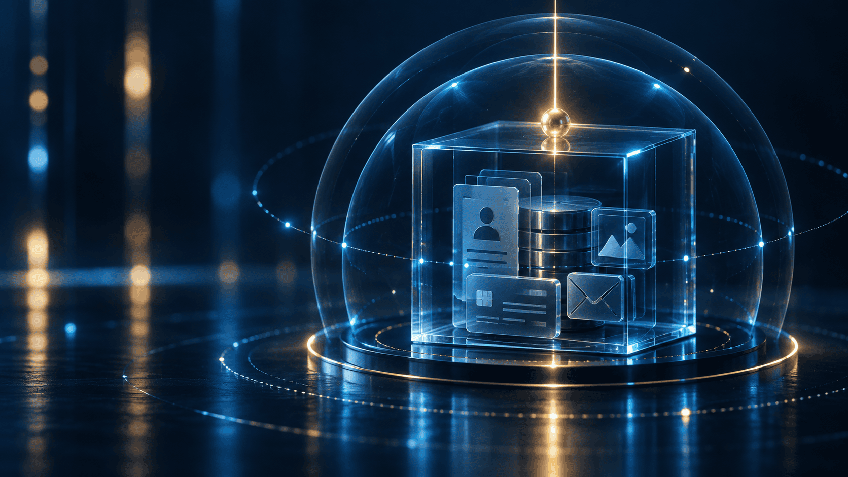 Personal data records protected within layered glass security boundaries, representing privacy, confidentiality, and controlled access.