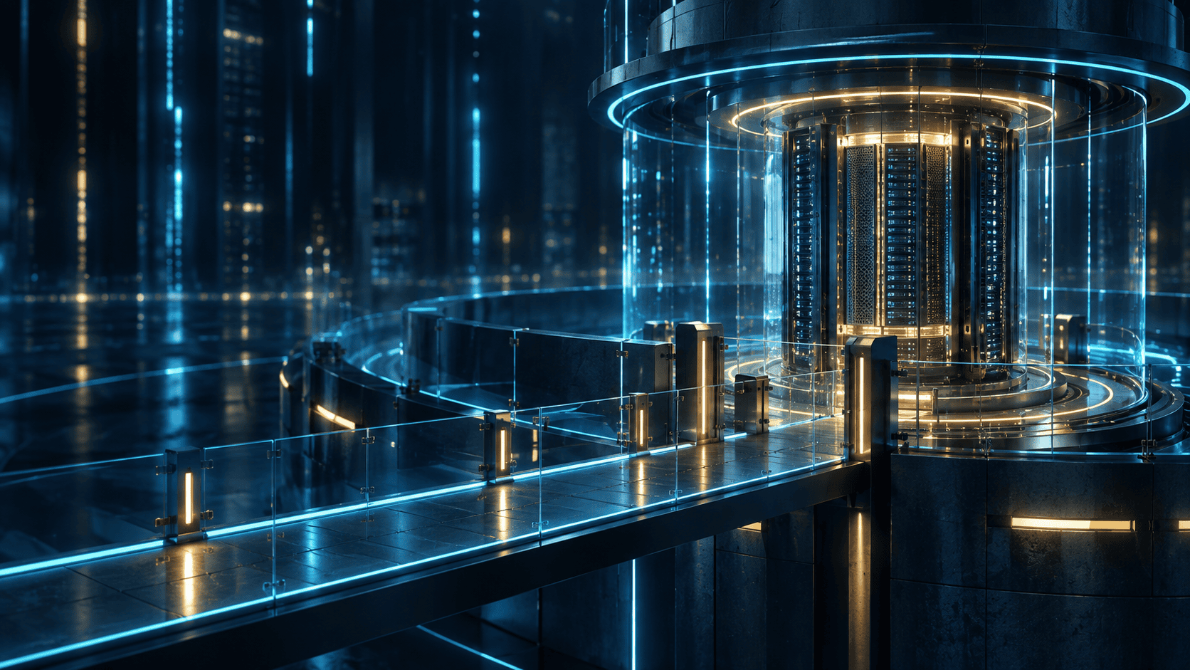 Hardened digital infrastructure core behind layered access barriers, representing secure systems and controlled exposure.