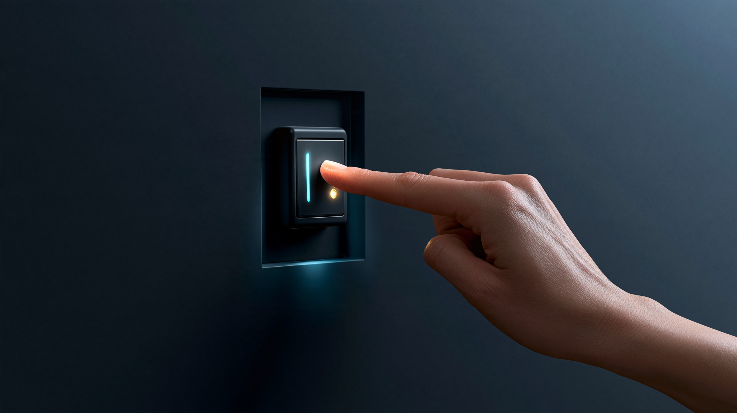 Human hand operating a precision authorization lever beside a restrained cyan signal path and gold control indicator.