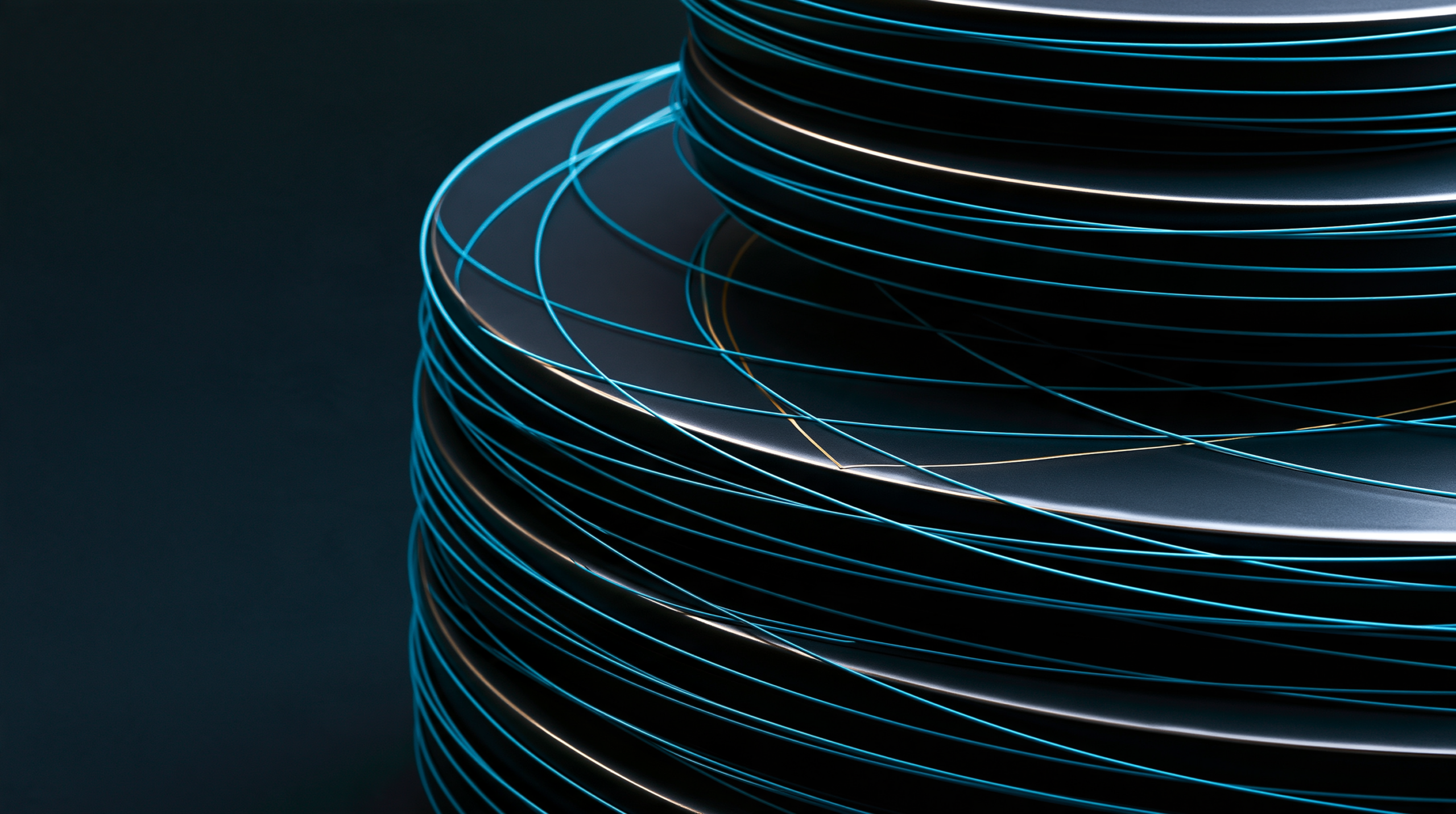 Three intersecting cyan paths forming a bounded geometric pattern across dark layered surfaces, with a restrained gold boundary marker.