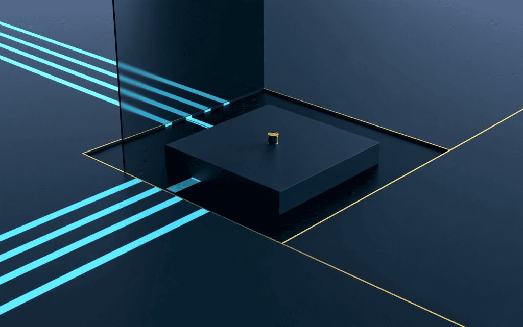 A gold authority marker positioned inside a bounded control field while separate cyan pathways stop at the edge of the authorized zone.