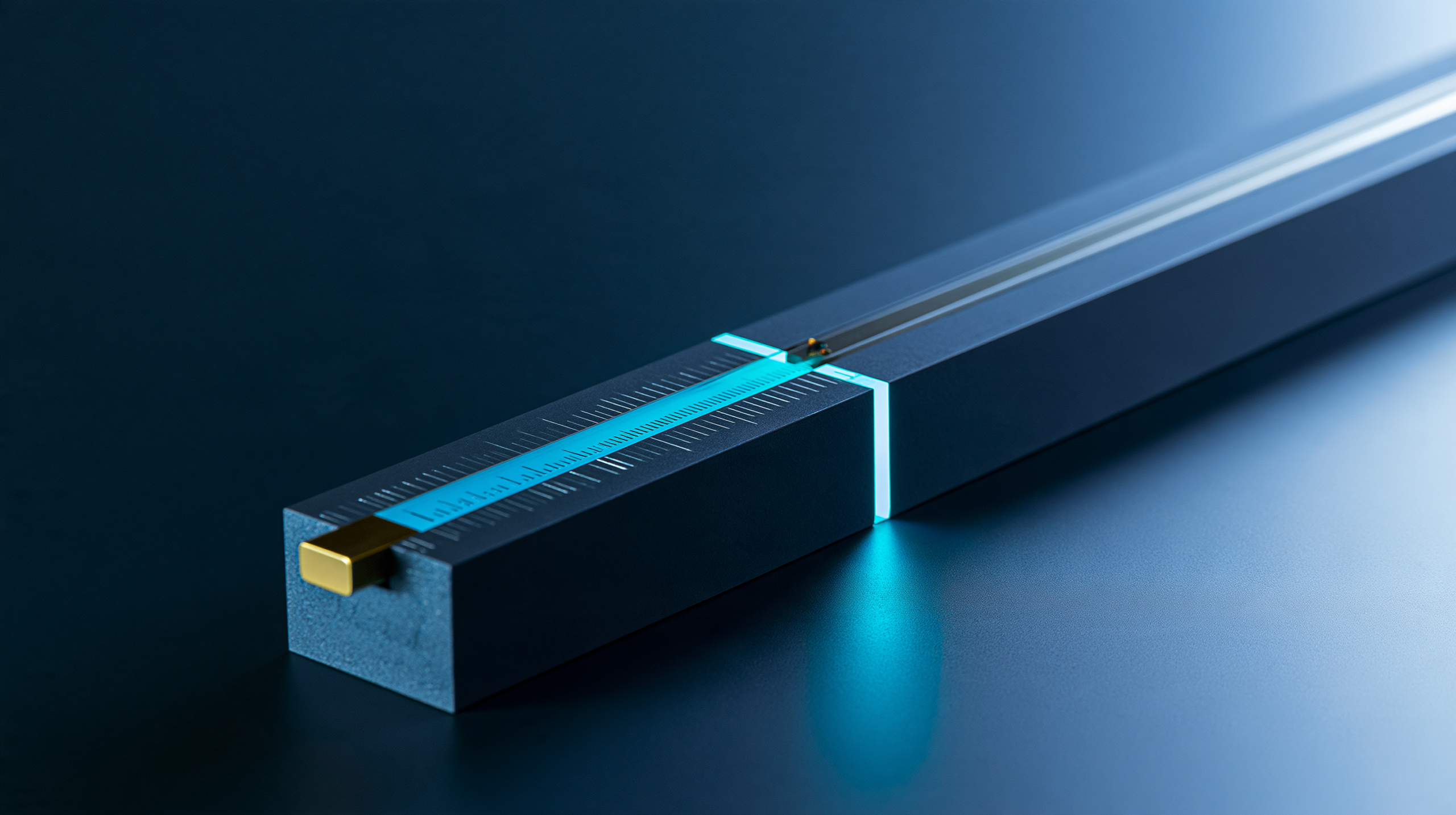 Precision measurement rail showing a cyan exposure interval ending at a gold containment marker.