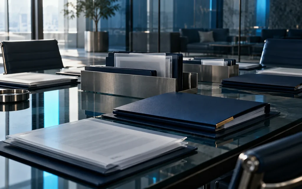Navy evidence folders and document sleeves arranged on a glass review table.
