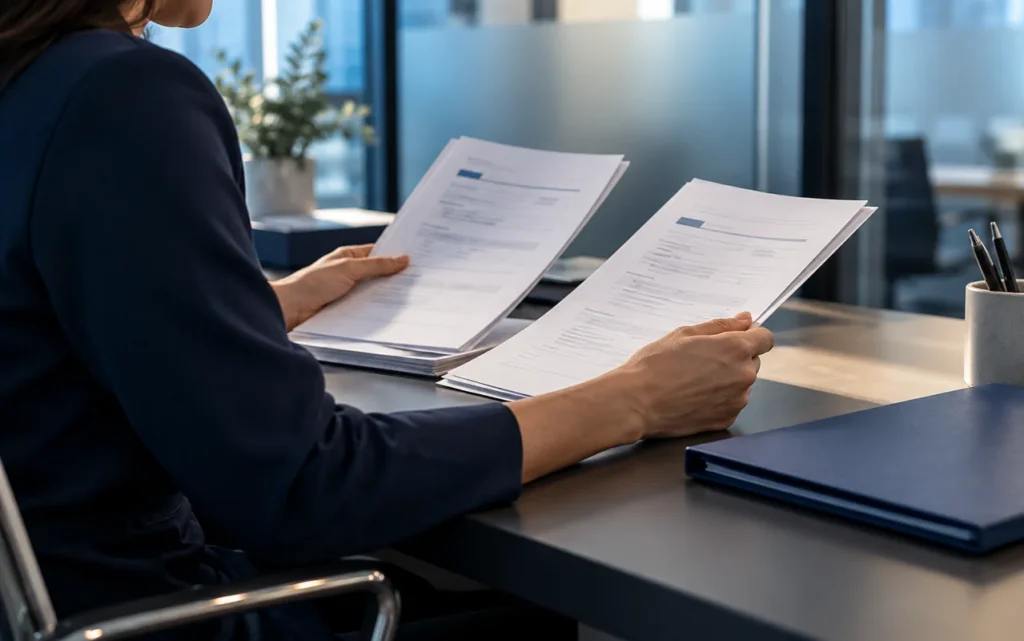 A reviewer compares two anonymous document packets in a quiet administrative workspace.