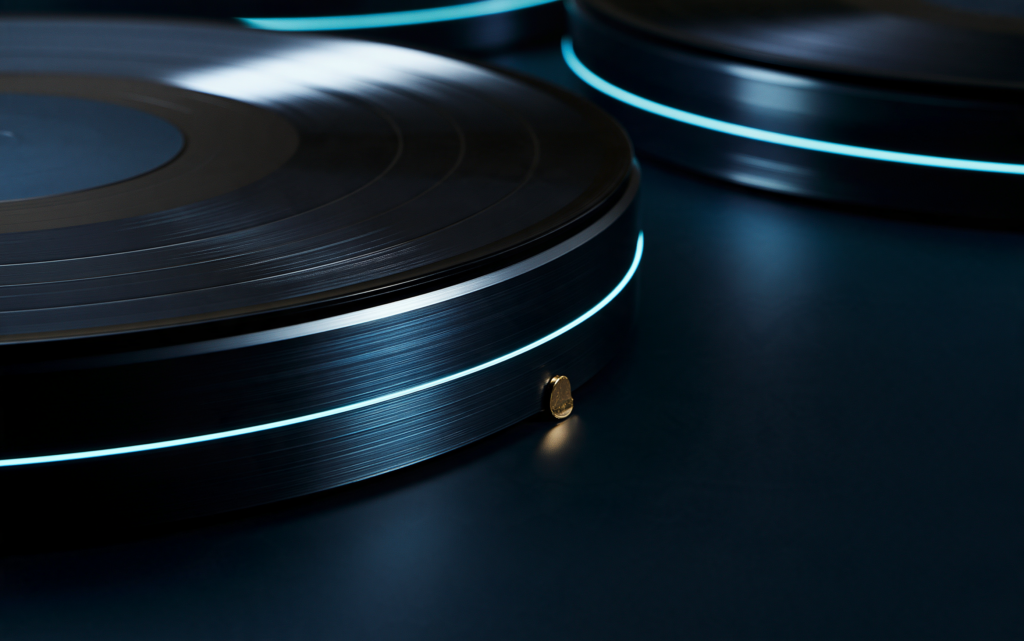Layered transparent record plates connected by a continuous cyan evidence trace with a single gold reference marker.
